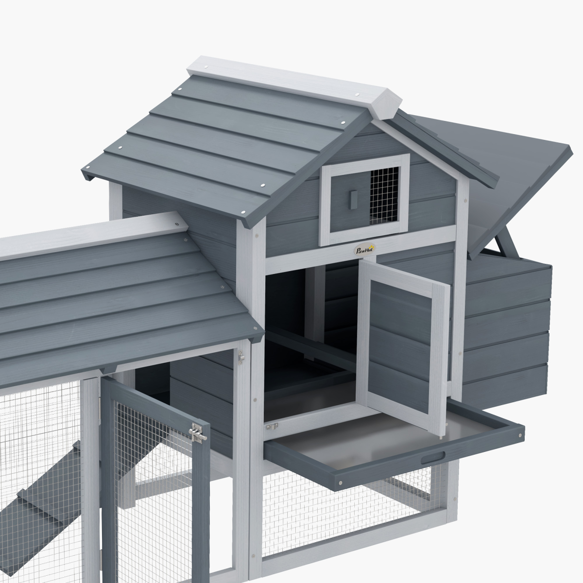 PawHut Small Chicken Coop with Nesting Box, Outdoor Run and Ramp – Fir Wood Hen House, Grey