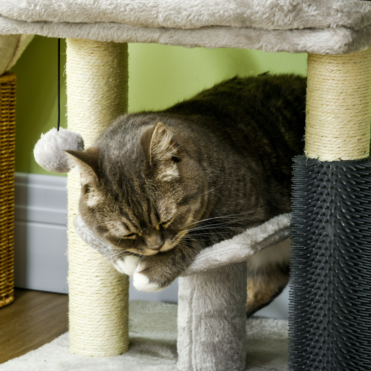 PawHut Small Cat Tree Tower with Sisal Scratching Posts, Bed, Perch, Self-Groomer and Toy – Grey