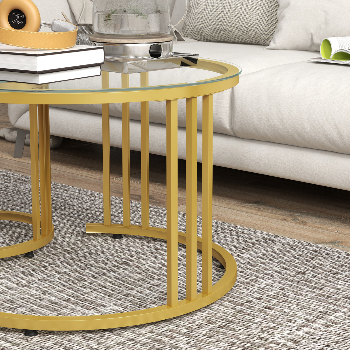 HOMCOM Set of 2 Round Nesting Coffee Tables with Tempered Glass Tops – Space-Saving Gold Tone Side Tables