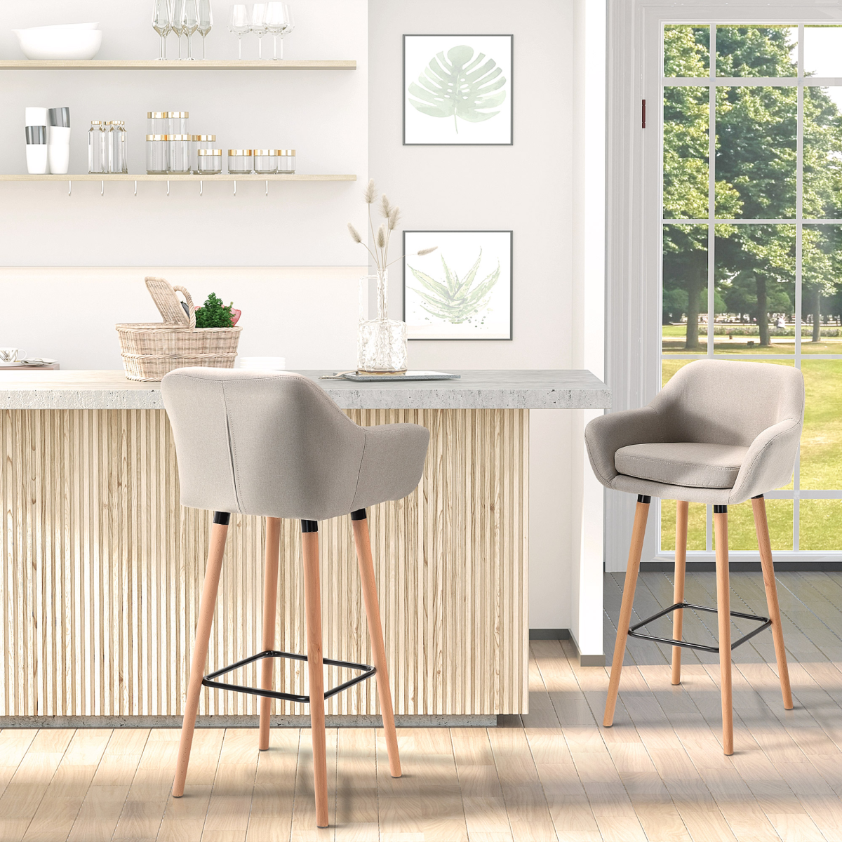HOMCOM Modern Fabric Bucket Seat Bar Stools with Solid Wood Legs & Footrest – Breakfast Bar Seating, Beige