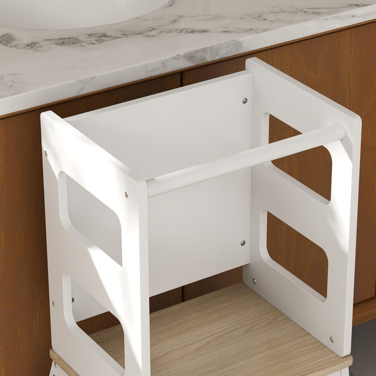 AIYAPLAY 2 in 1 Toddler Tower with Chalkboard & Safety Rail – Kitchen Helper Step Stool, White and Natural Wood