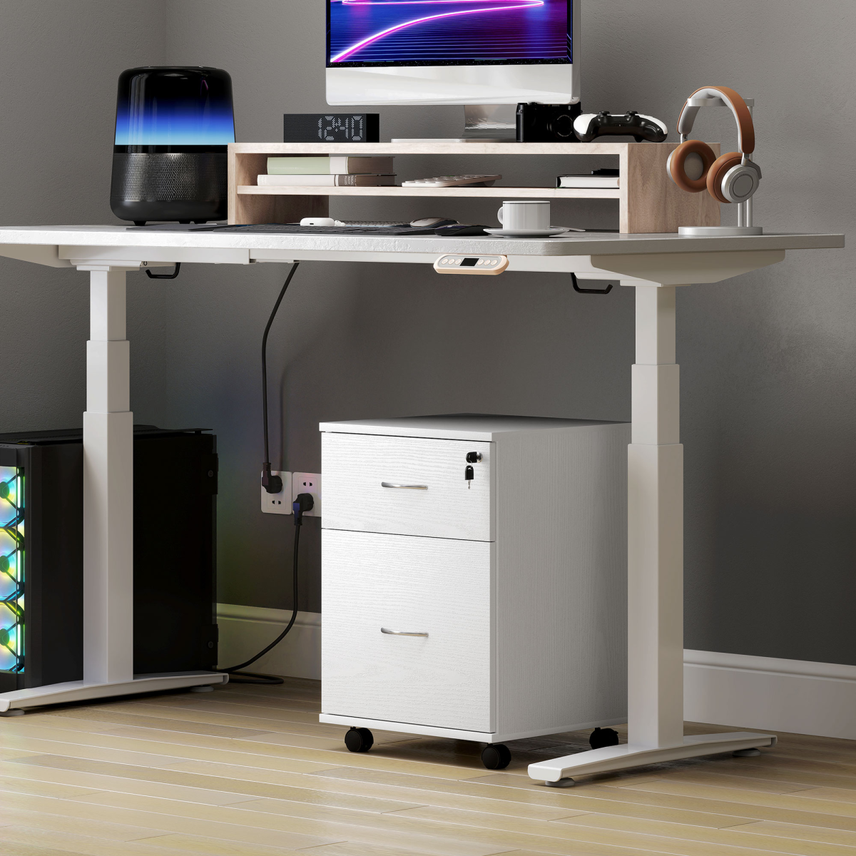HOMCOM Mobile Office Pedestal Filing Cabinet with 2 Drawers, Lock and Wheels – Under Desk Storage, White
