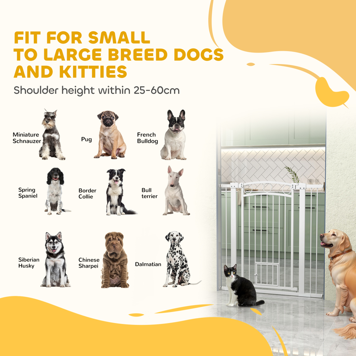 PawHut Stair Gate with Cat Door, Adjustable 76–104cm Width, 106cm Tall – Pet Safety Gate