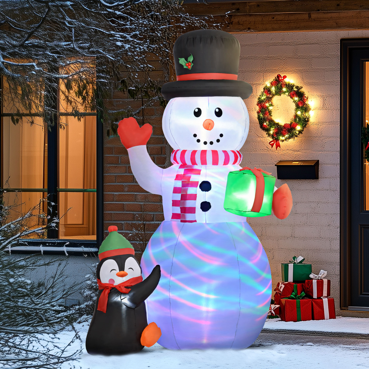 Outsunny 8ft Christmas Inflatable Snowman with Gift Box, Penguin & LED Lights – Outdoor Decoration, White