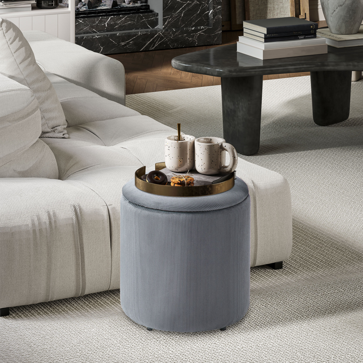 HOMCOM Fabric Storage Ottoman Set of 2 with Removable Lids – Nesting Footstools, Corduroy, Light Grey
