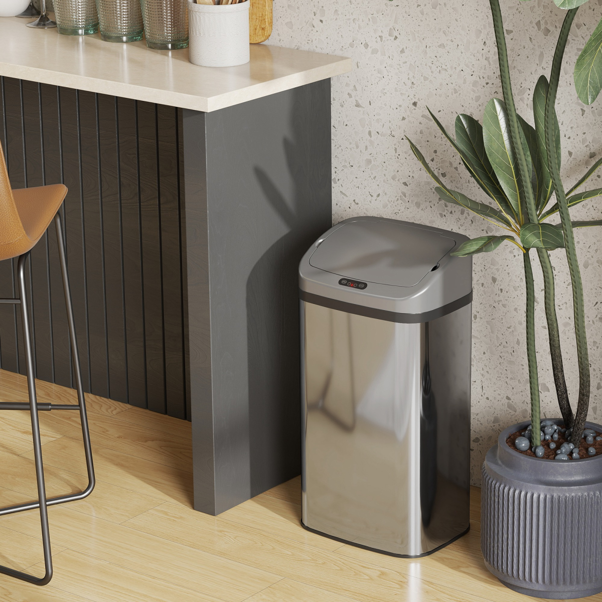 HOMCOM 48L Stainless Steel Sensor Bin with Infrared Lid & Automatic Close – Touch-Free Kitchen Bin, Silver