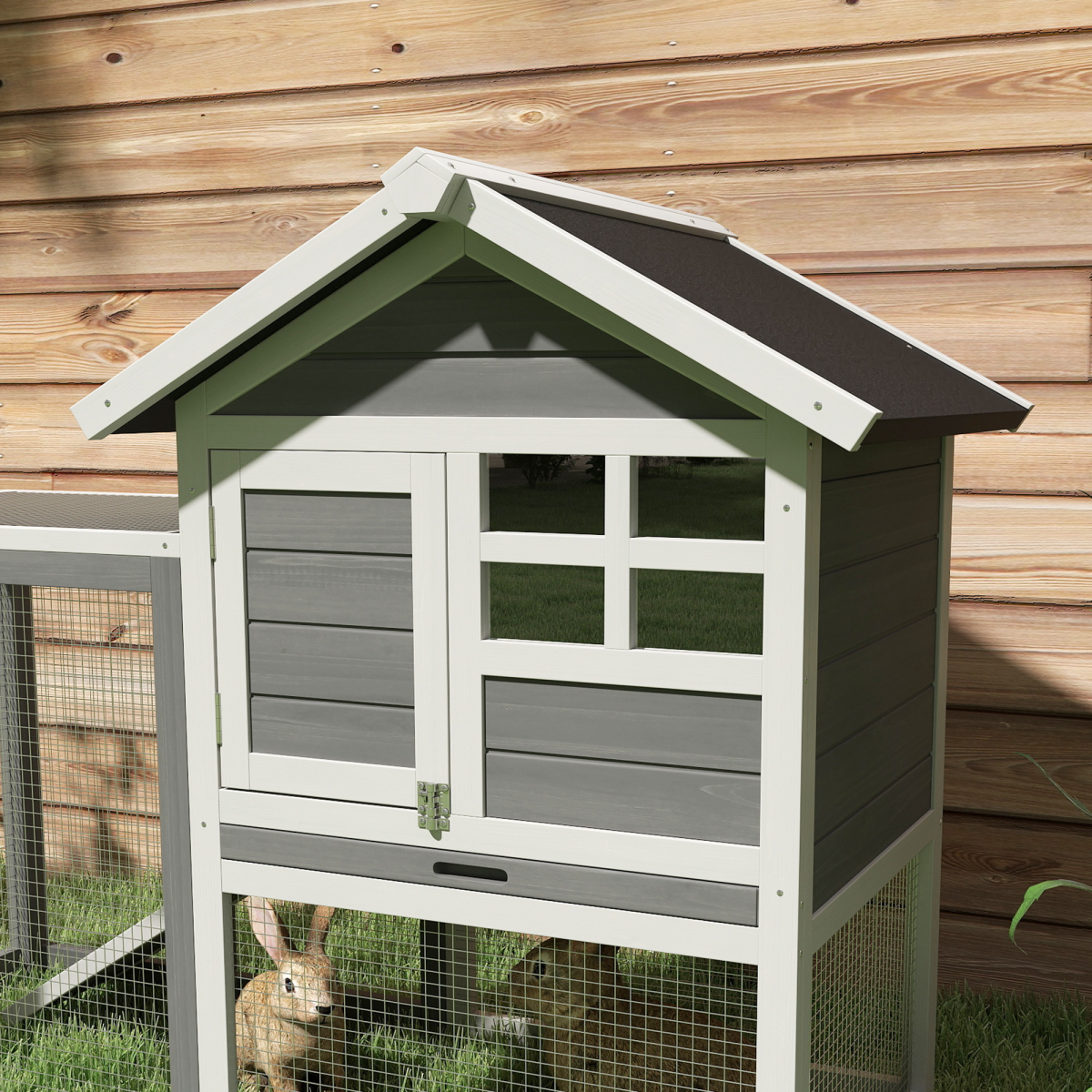 PawHut 122cm Wooden Rabbit Hutch with Run, Pull-Out Tray & Two Doors – Outdoor Small Animal House