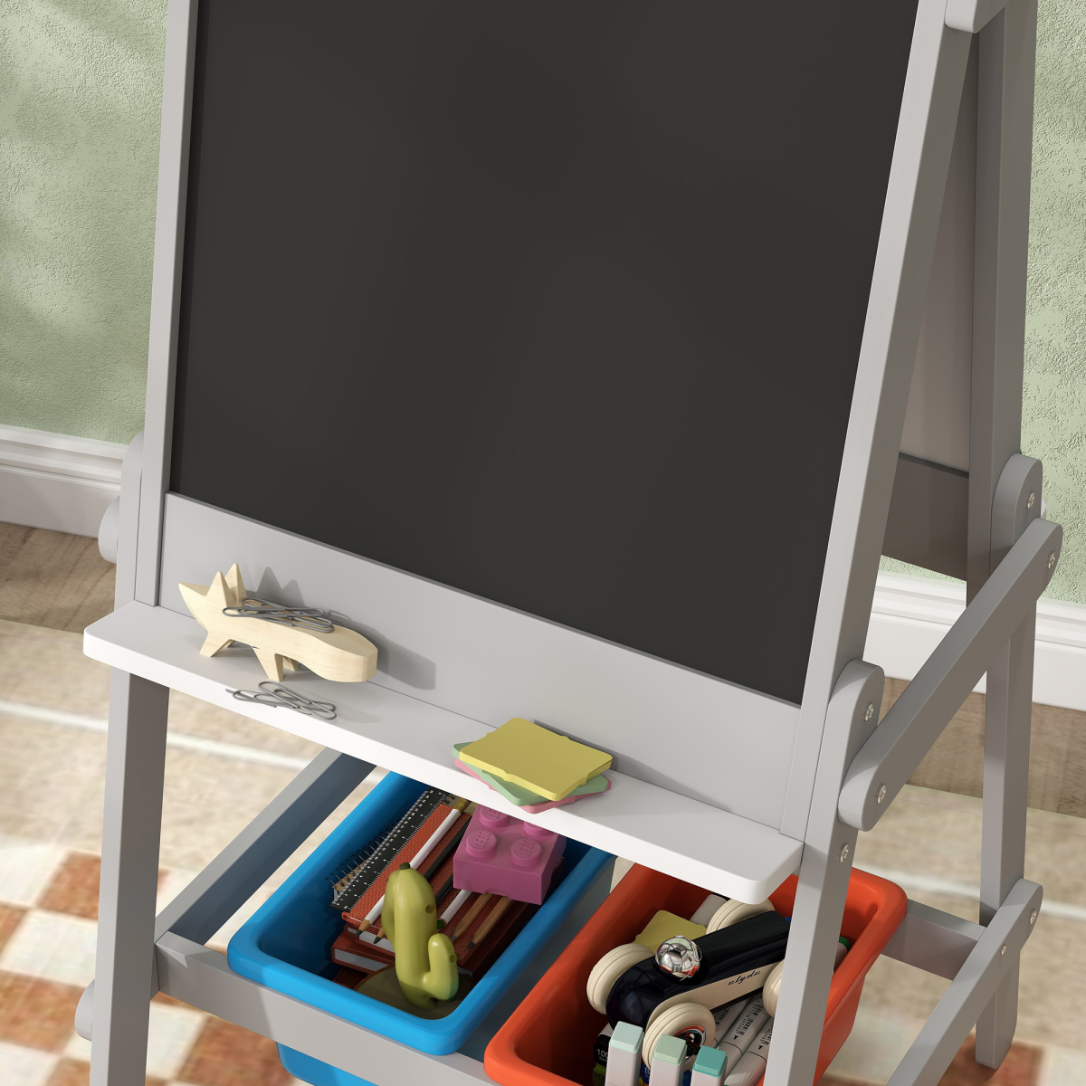 AIYAPLAY 3-in-1 Double-Sided Kids Art Easel with Paper Roll, Storage Boxes & Pen Holder – Grey