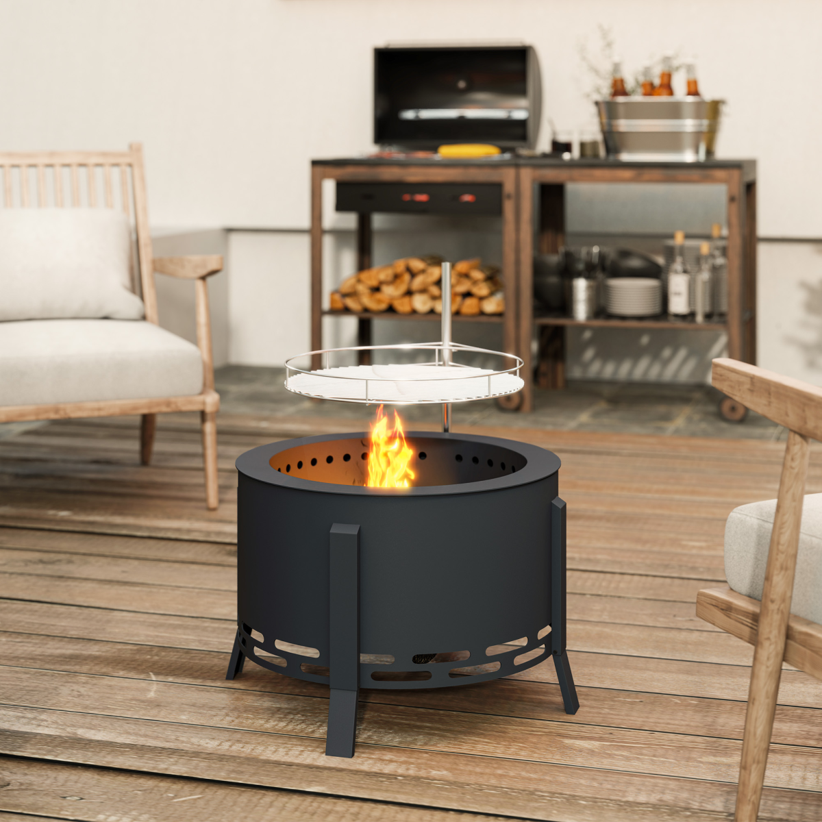Outsunny Portable Fire Pit with Grill Grate and Poker, 58cm Round Steel Firepit – Garden BBQ Pit, Black
