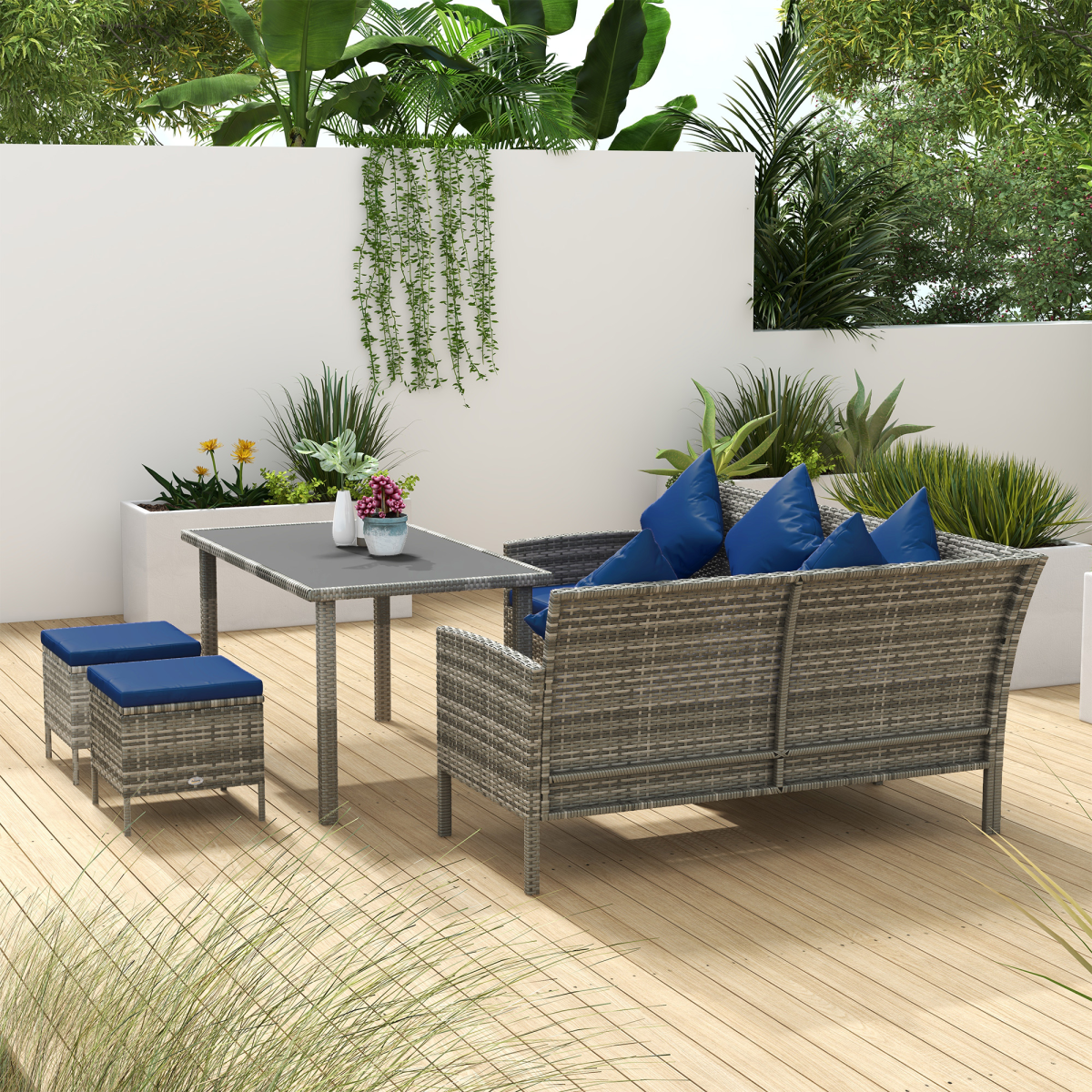 Outsunny 5-Piece Rattan Dining Corner Sofa Set with Glass Table and Footstools – Garden Furniture, Dark Blue