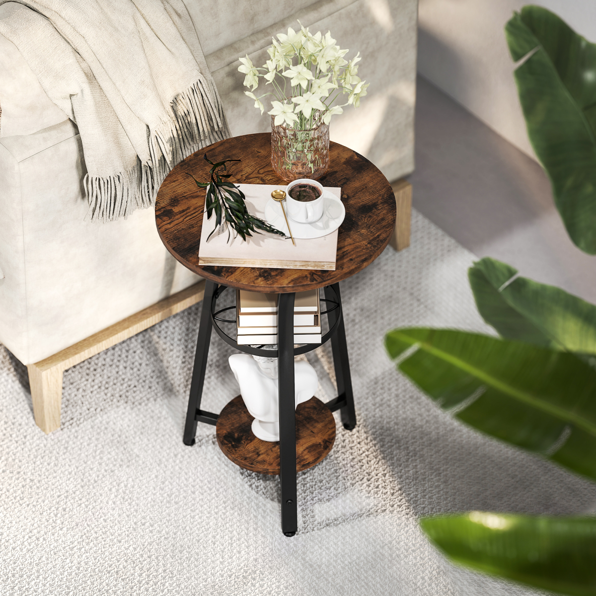 HOMCOM 3-Tier Round Side Table, 38 cm Industrial End Table with Metal Legs – Compact, Rustic Brown
