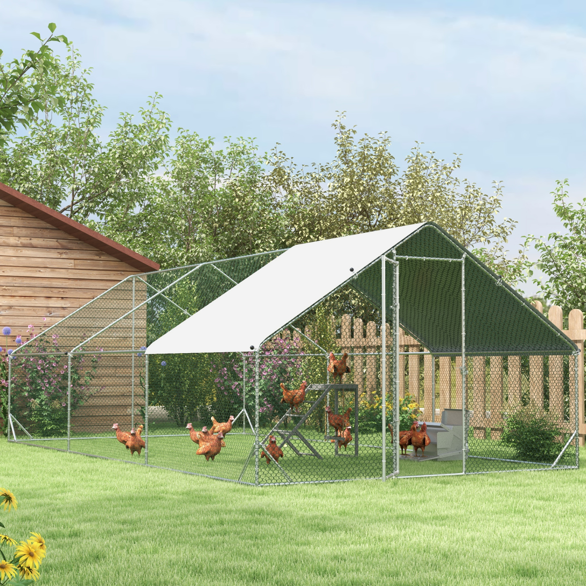 PawHut Chicken Coop Activity Toy with Swing, Ladder & Platform for 2 Chickens – Fir Wood Perch Stand, Grey