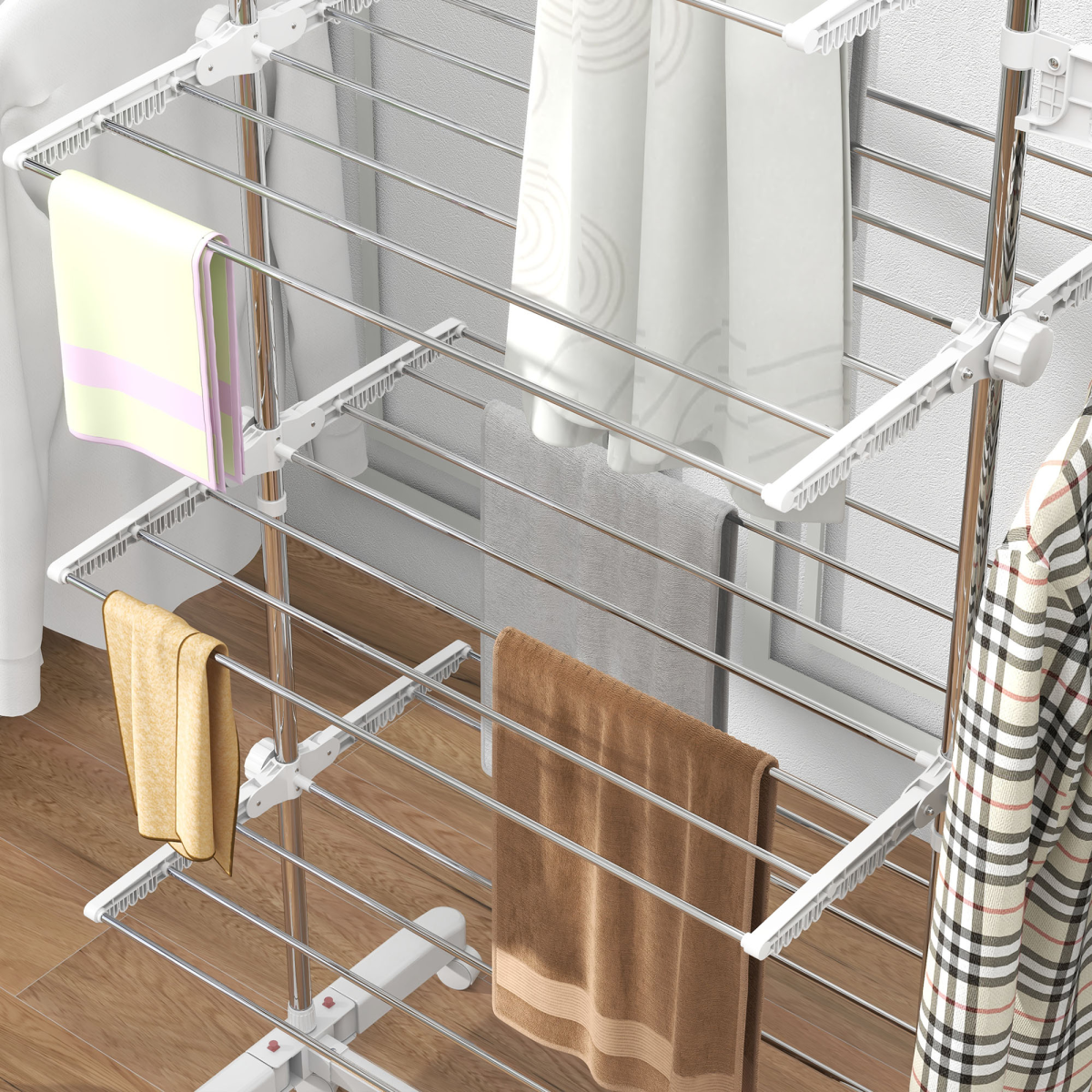 HOMCOM 4-Tier Folding Clothes Airer Rail with Wheels – Indoor Garment Drying Stand, White and Silver