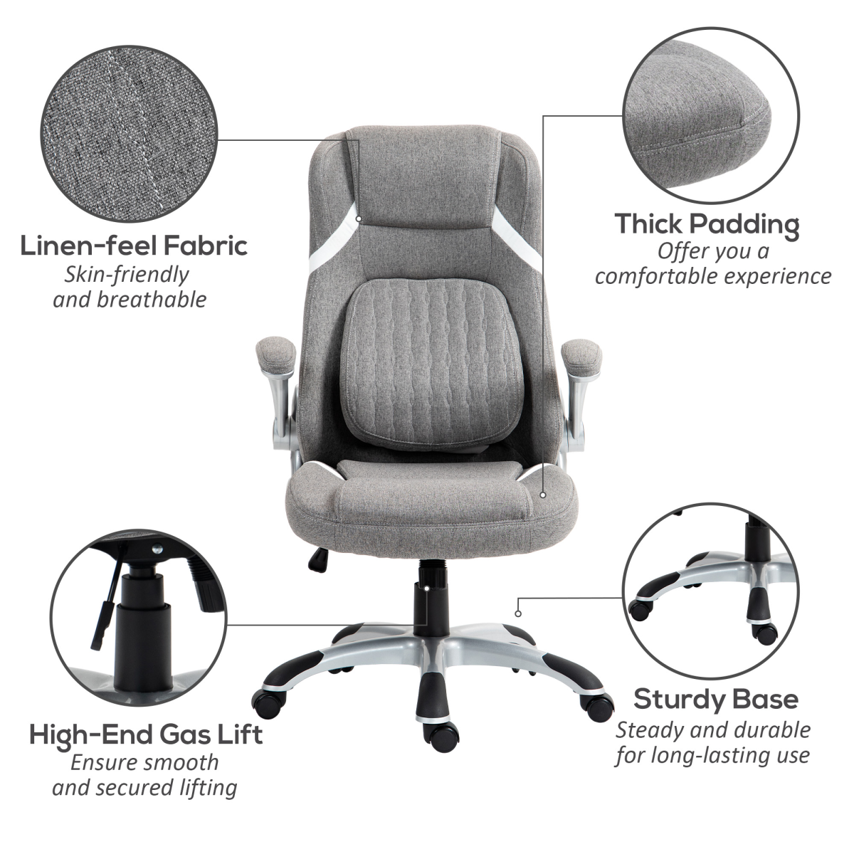 Vinsetto High Back Linen-Look Office Chair with Tilt, Lumbar Support & Flip-Up Arms – Grey