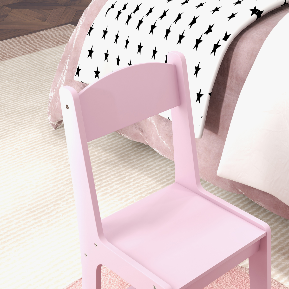 AIYAPLAY Kids Dressing Table Set with Tri-Fold Mirror, Stool and Drawer – Playroom Make Up Vanity, Pink