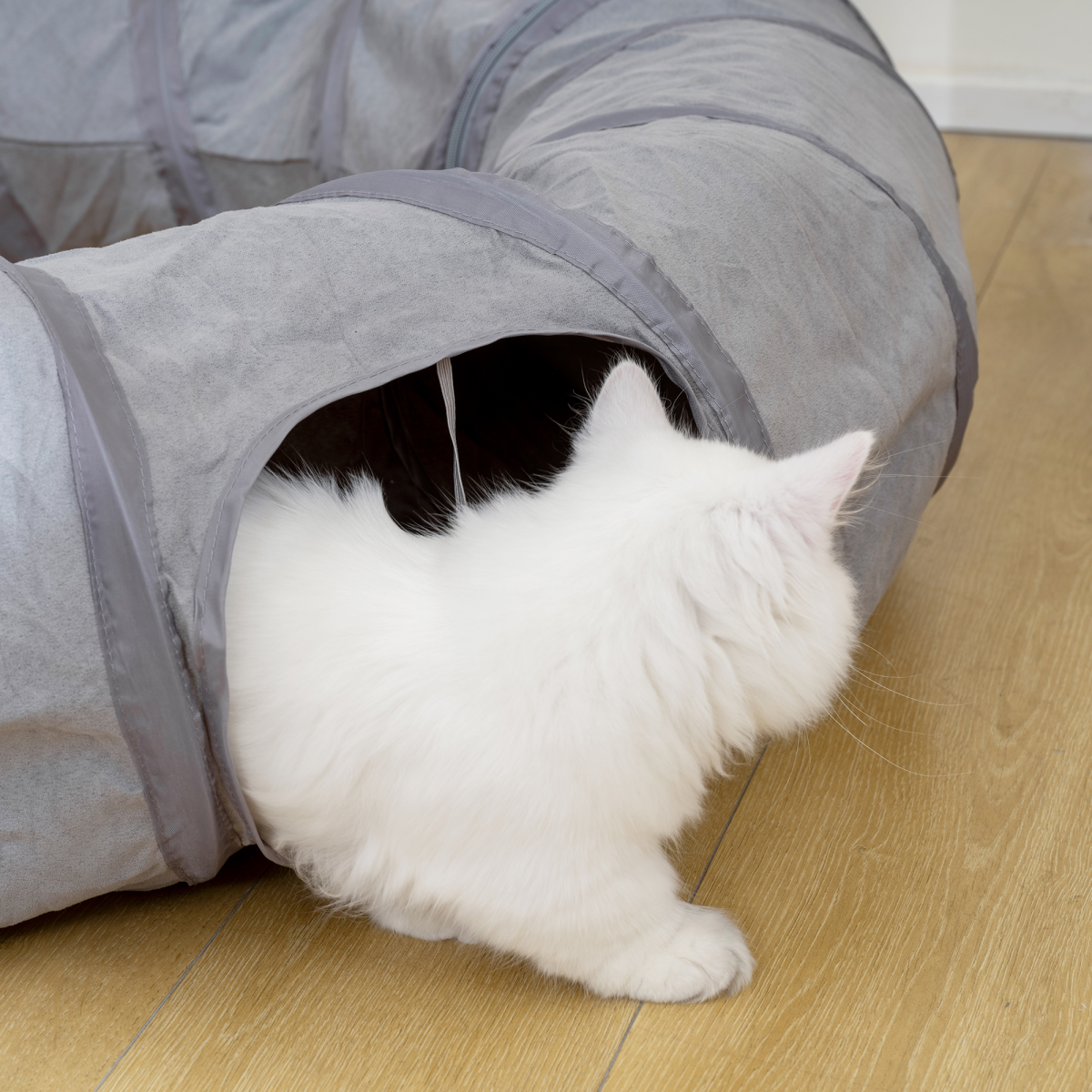 PawHut 2-in-1 Cat Tunnel with Bed, Zip-Together Play Tunnel with Hanging Toy Ball for Indoor Cats, Grey