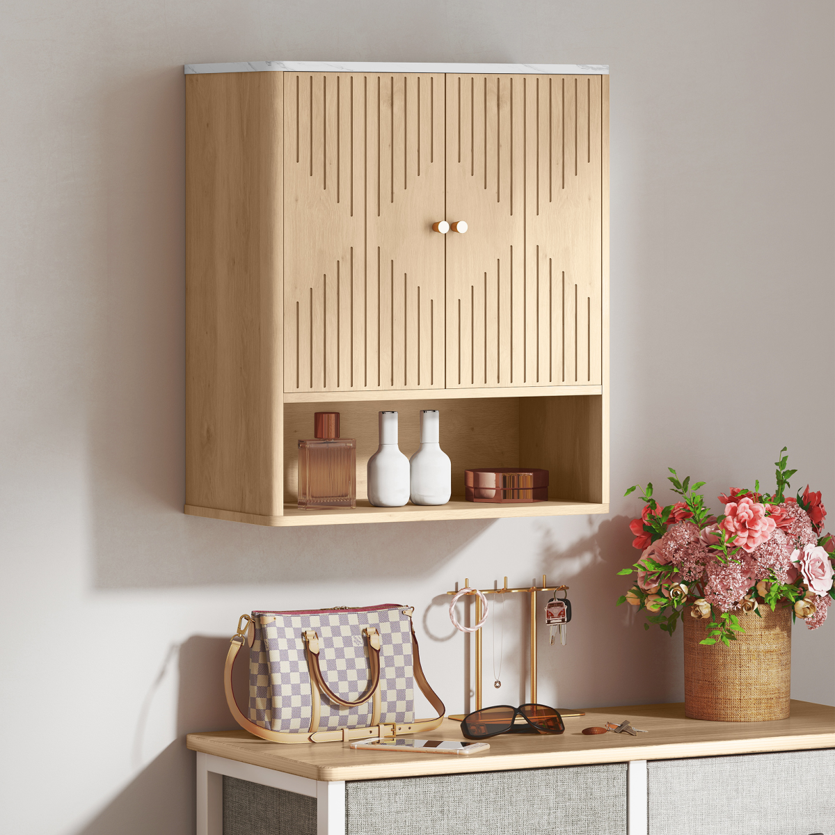 HOMCOM Bathroom Wall Cabinet with Adjustable Shelf and Open Shelf – Wall-Mounted Storage, Oak
