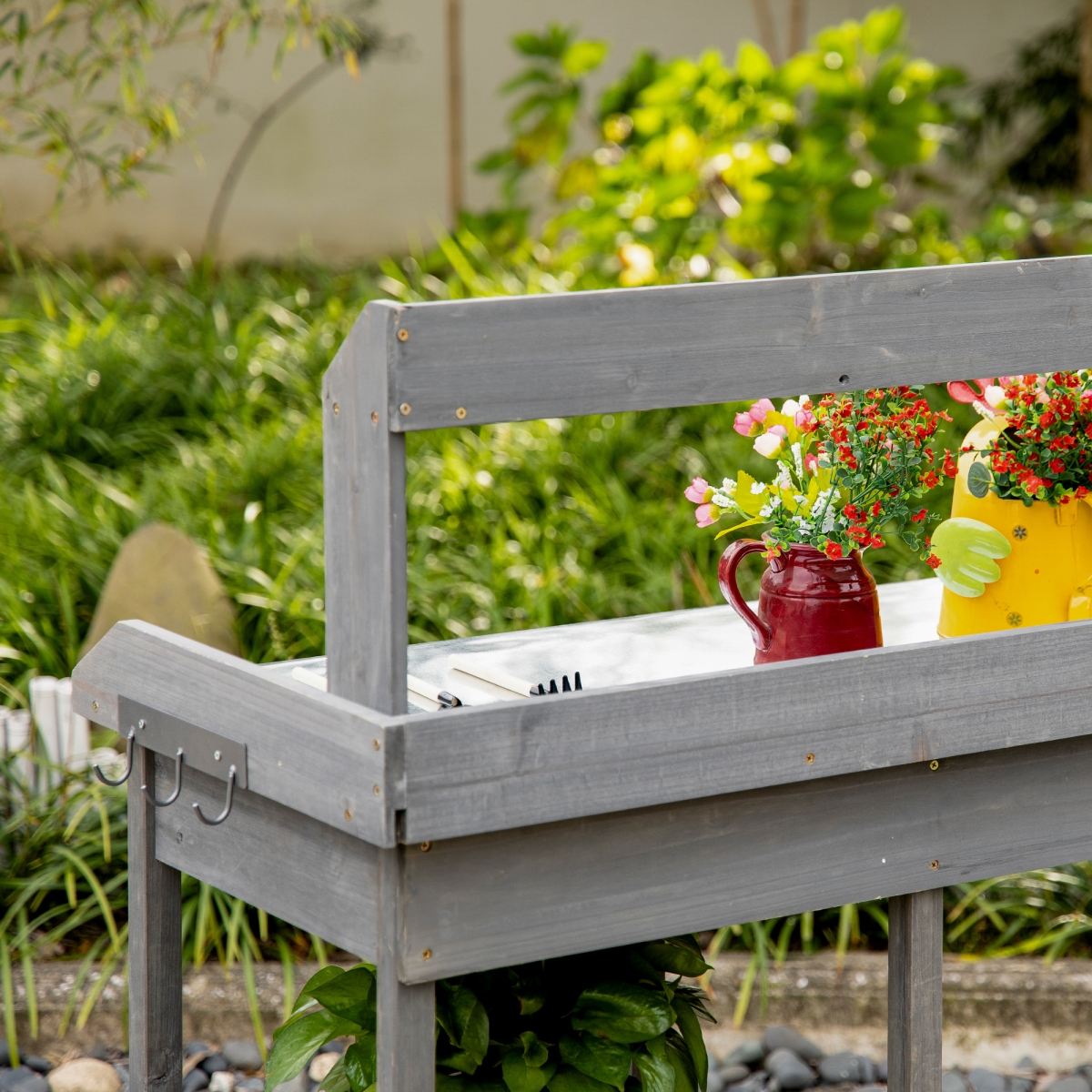 Outsunny Garden Potting Workstation Bench with Galvanised Metal Tabletop, Drawer and Shelves – Solid Wood