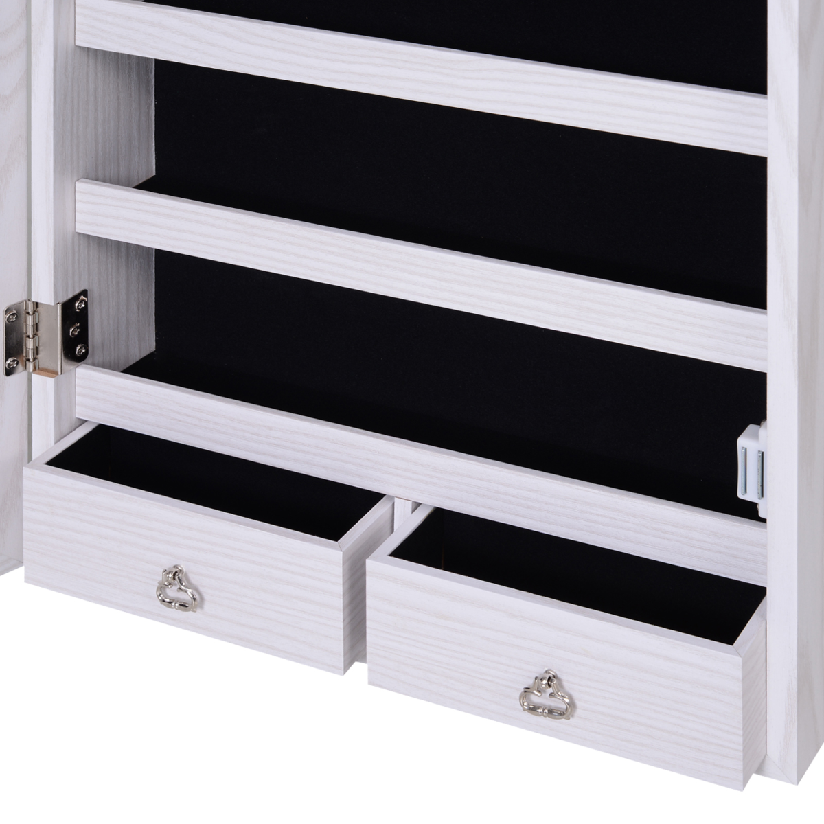 Lockable Hanging Mirrored Jewellery Cabinet with Full-Length Mirror & 6 LED Lights – White