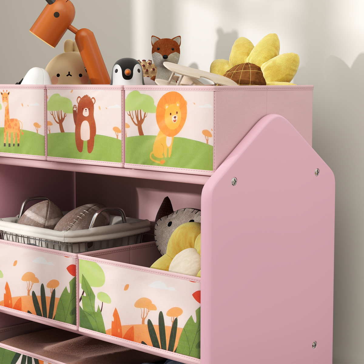 AIYAPLAY Kids Toy Storage Unit with 6 Fabric Boxes – Pink 3-Tier Playroom Organiser