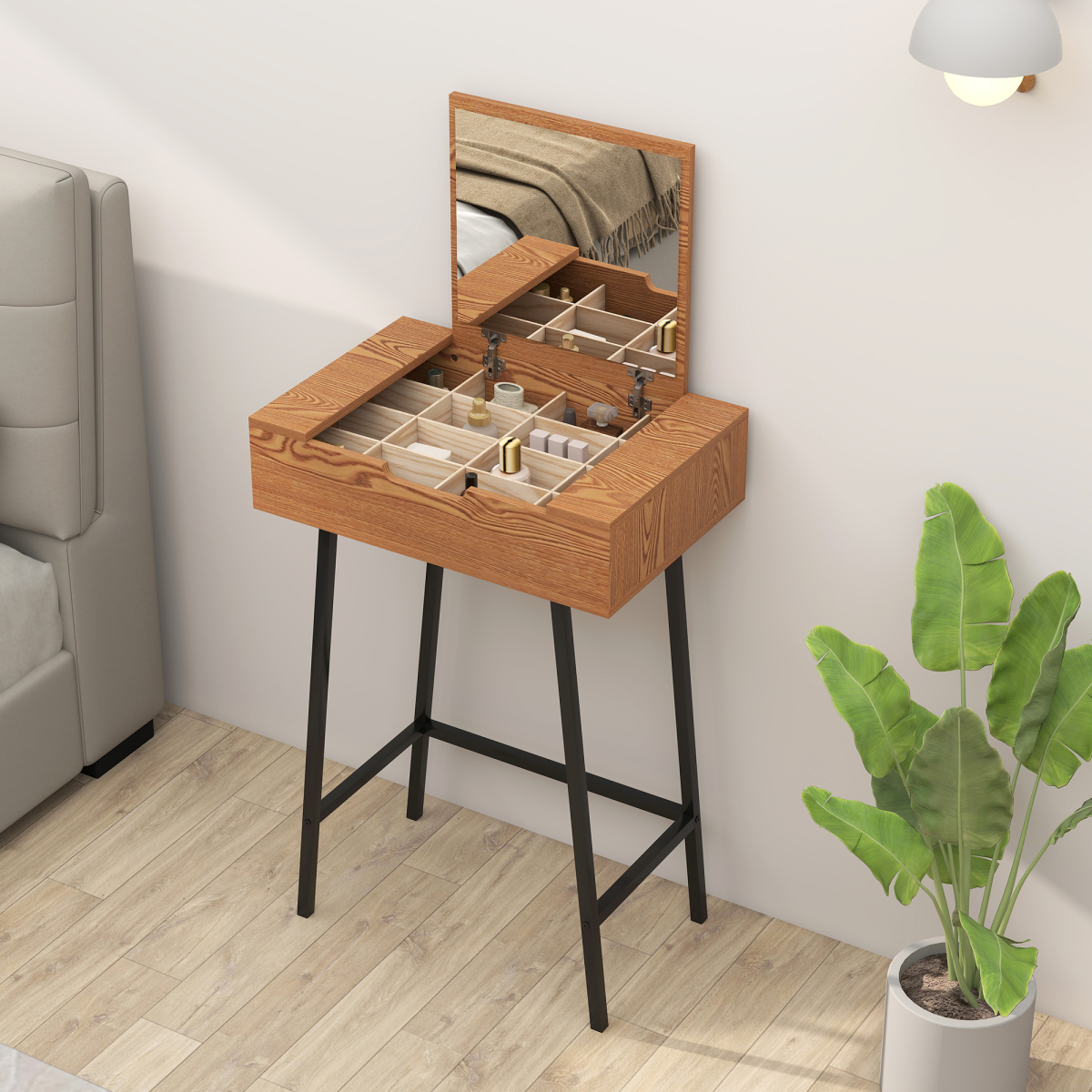 HOMCOM Industrial Vanity Desk with Flip-Up Mirror, 16 Hidden Compartments and Steel Legs – Natural Wood Effect