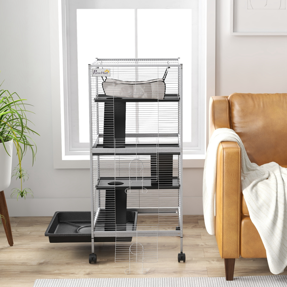 PawHut Rolling Small Animal Cage with Ramps & Platforms – Chinchilla and Ferret Cage with Hammock, Light Grey