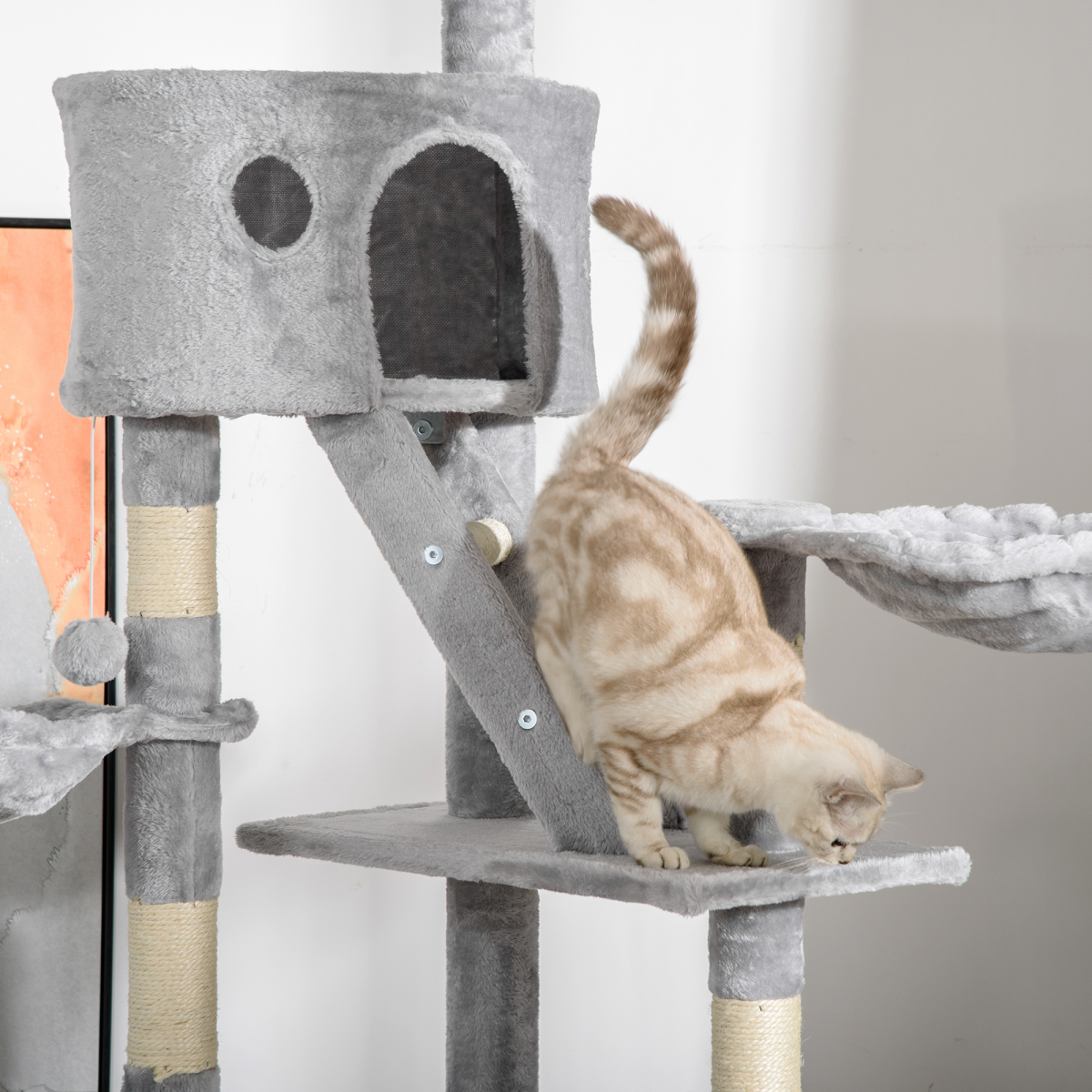 PawHut 240–260cm Floor-to-Ceiling Cat Tree with Scratching Posts, Houses & Hammocks – Cat Tower, Light Grey
