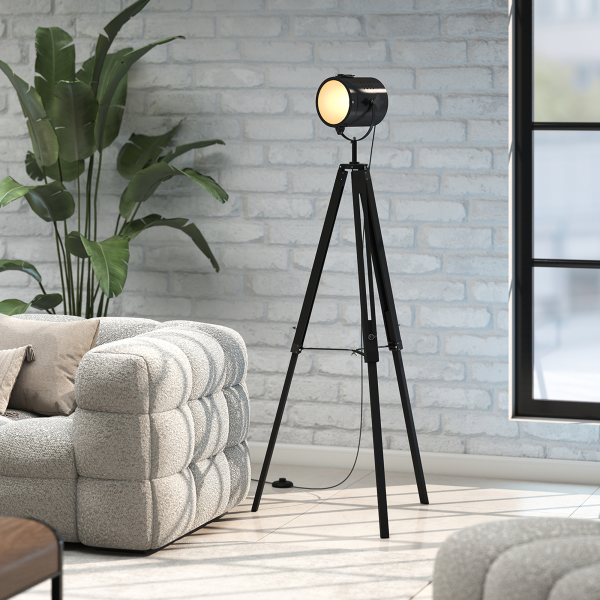 HOMCOM Industrial Wooden Tripod Spotlight Floor Lamp with Adjustable Height & Head – Living Room, Black