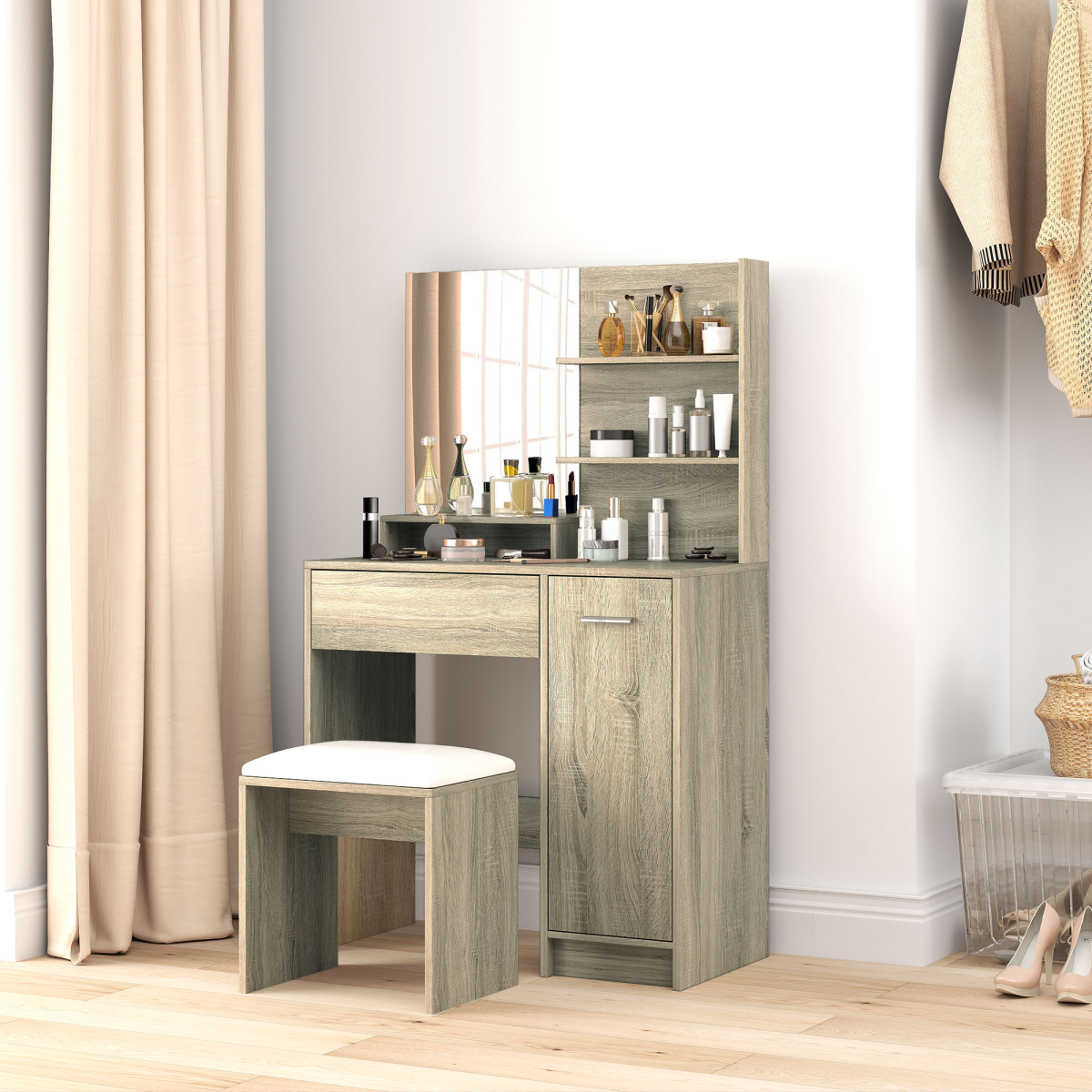 HOMCOM Dressing Table with Mirror, Padded Stool, Drawer & Cupboard – Makeup Vanity Storage