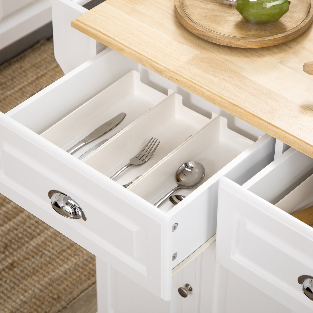 HOMCOM Kitchen Storage Trolley with Drawers, Adjustable Shelves & Wooden Top – Rolling Kitchen Island, White