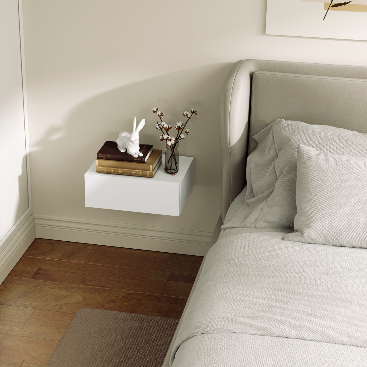 HOMCOM Floating Bedside Table with Drawer – Wall-Mounted Space-Saving Nightstand for Bedroom, White
