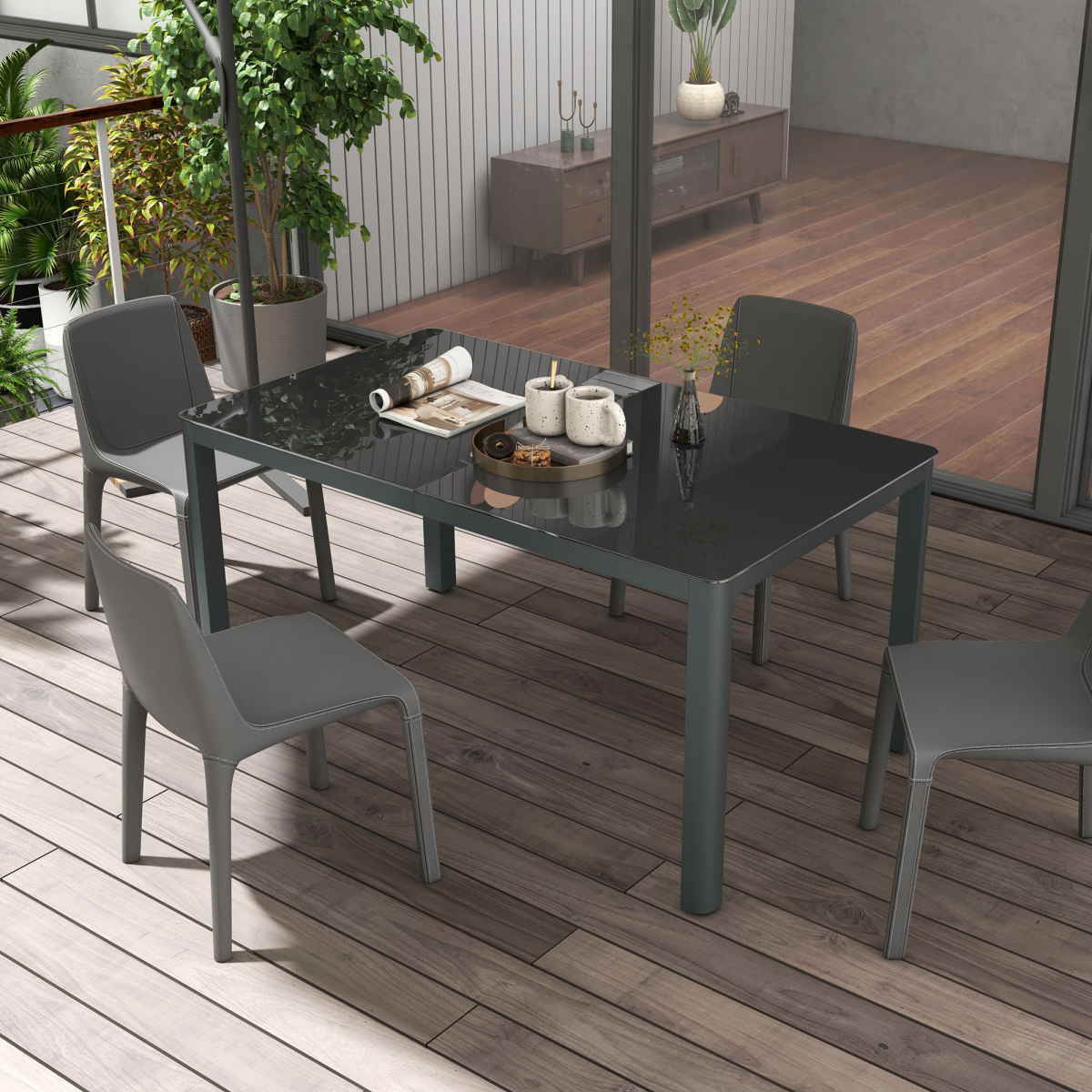 Outsunny Outdoor Dining Table for 6 with Tempered Glass Top & Powder-Coated Aluminium Frame – Patio Furniture, Grey