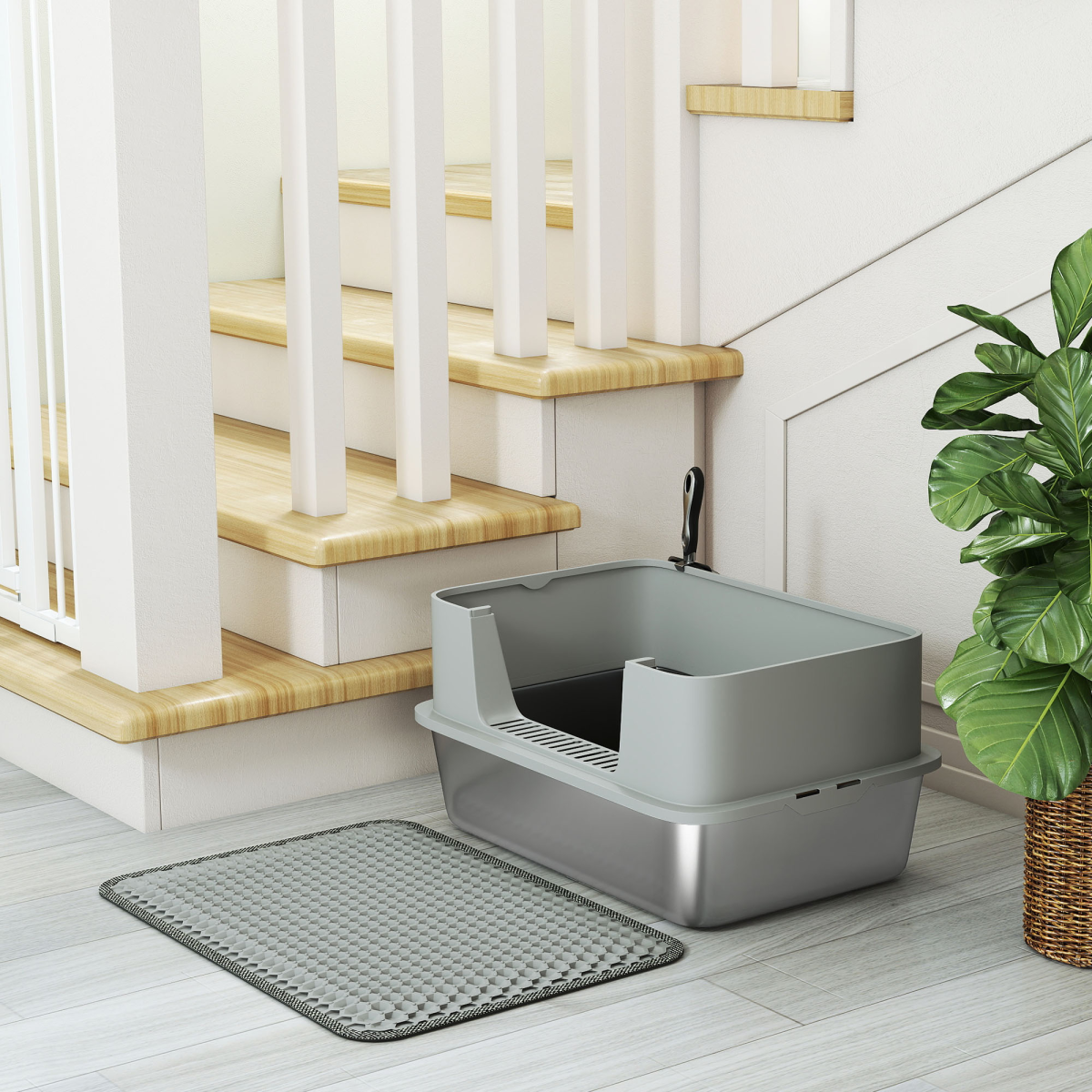 PawHut Stainless Steel Cat Litter Box with Scoop, High Sides & Snap-Lock Lid – Litter Tray for Cats up to 15kg, Grey
