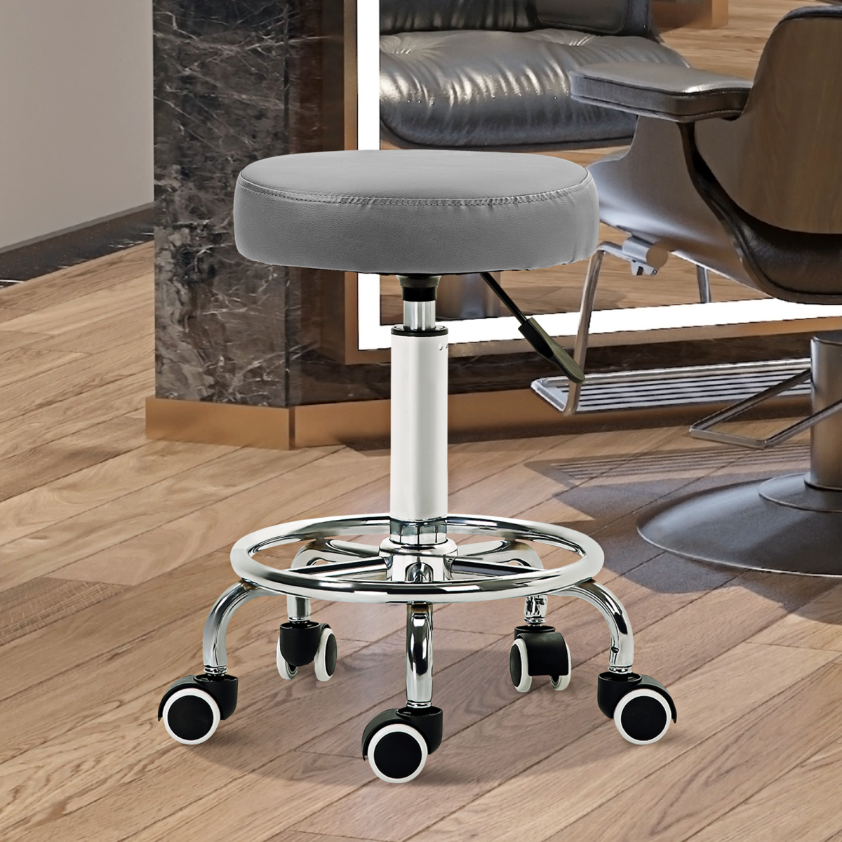 Vinsetto Round PU Leather Salon Stool with Footrest and Adjustable Height – 5 Wheels, Backless Design, Grey