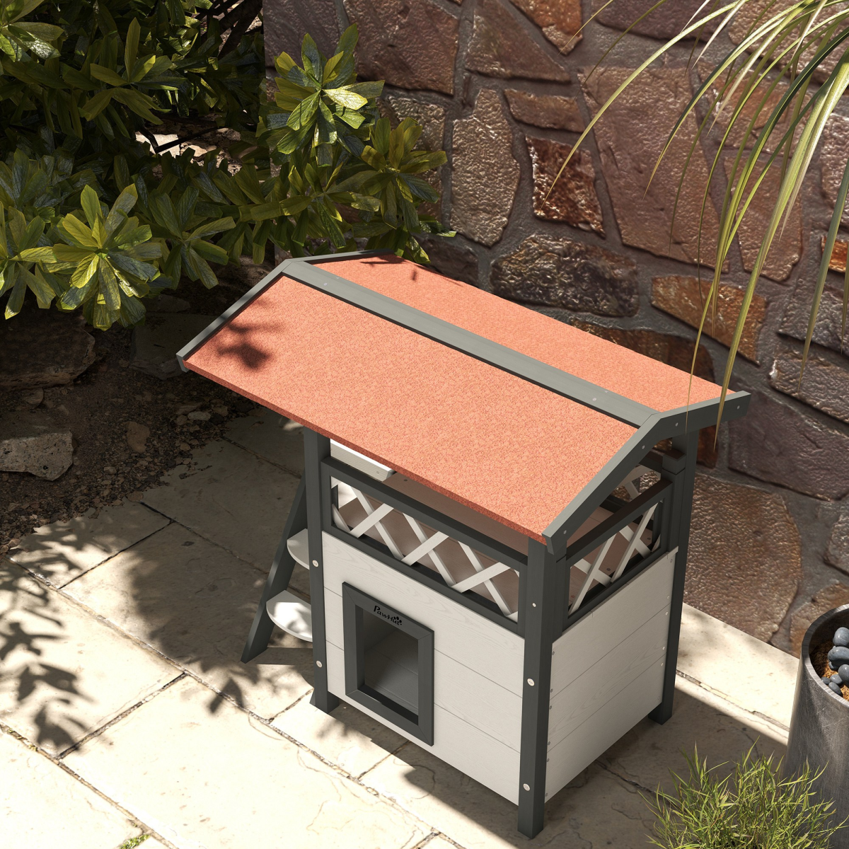 PawHut Outdoor Cat House with Balcony, Stairs and Asphalt Roof – Elevated Fir Wood Cat Shelter