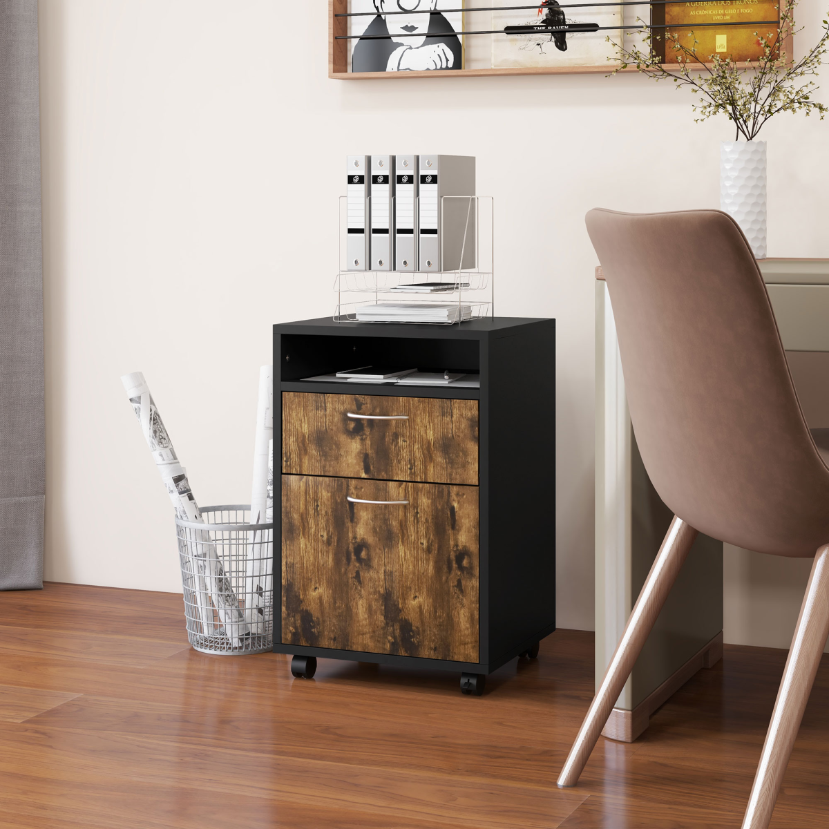 HOMCOM 60cm Mobile Storage Cabinet with Drawers, Open Shelf and Lockable Wheels – Home Office, Rustic Brown