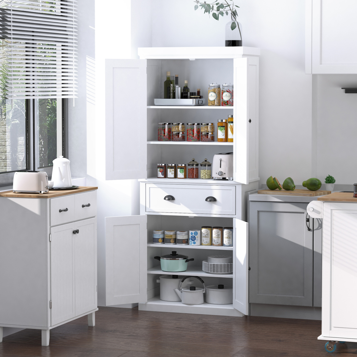 HOMCOM Colonial Freestanding Kitchen Pantry Cabinet with Adjustable Shelves – White