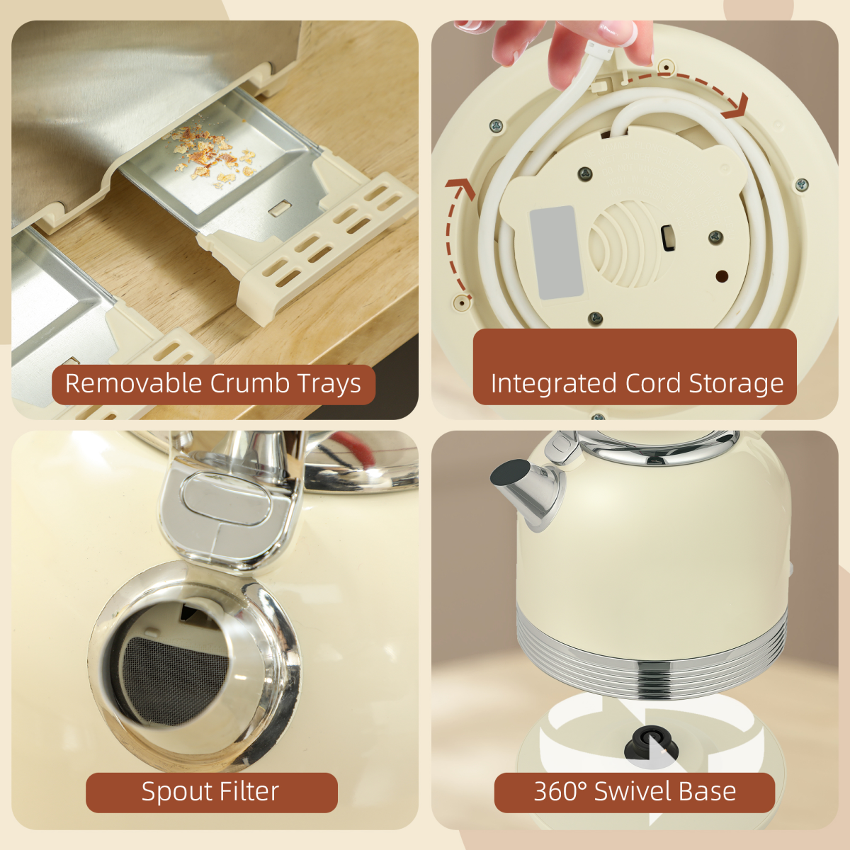 HOMCOM 1.7L 3000W Kettle & 4-Slice Toaster Set – Stainless Steel & Cream, Adjustable Browning