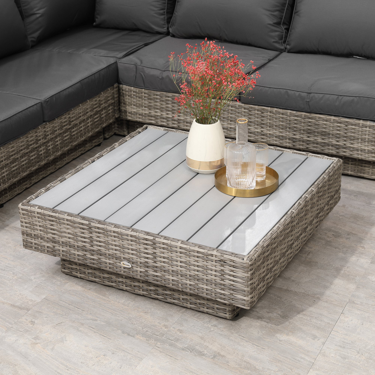 Outsunny Rattan Sectional Corner Sofa Set with Coffee Table & Padded Cushions – Patio Furniture, Light Grey