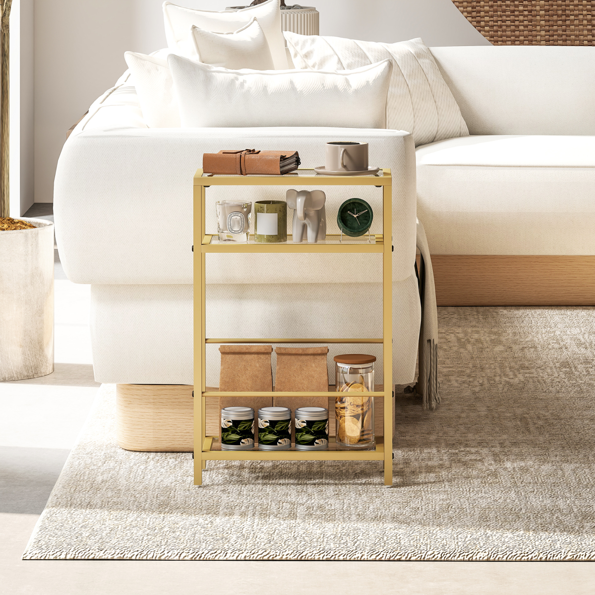 HOMCOM Slim Side Table with Three-Tier Tempered Glass Shelves – 18 cm Narrow End Table, Gold Tone