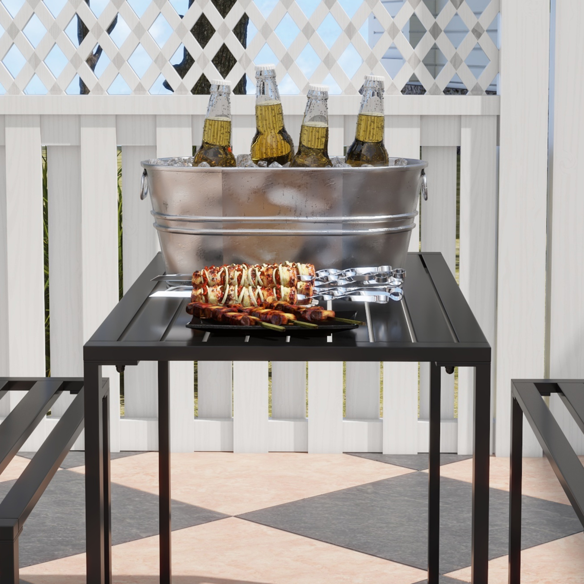Outsunny 3 Piece Metal Garden Table & Bench Set, Seats 4 – Reinforced Slatted Patio Dining Furniture, Black