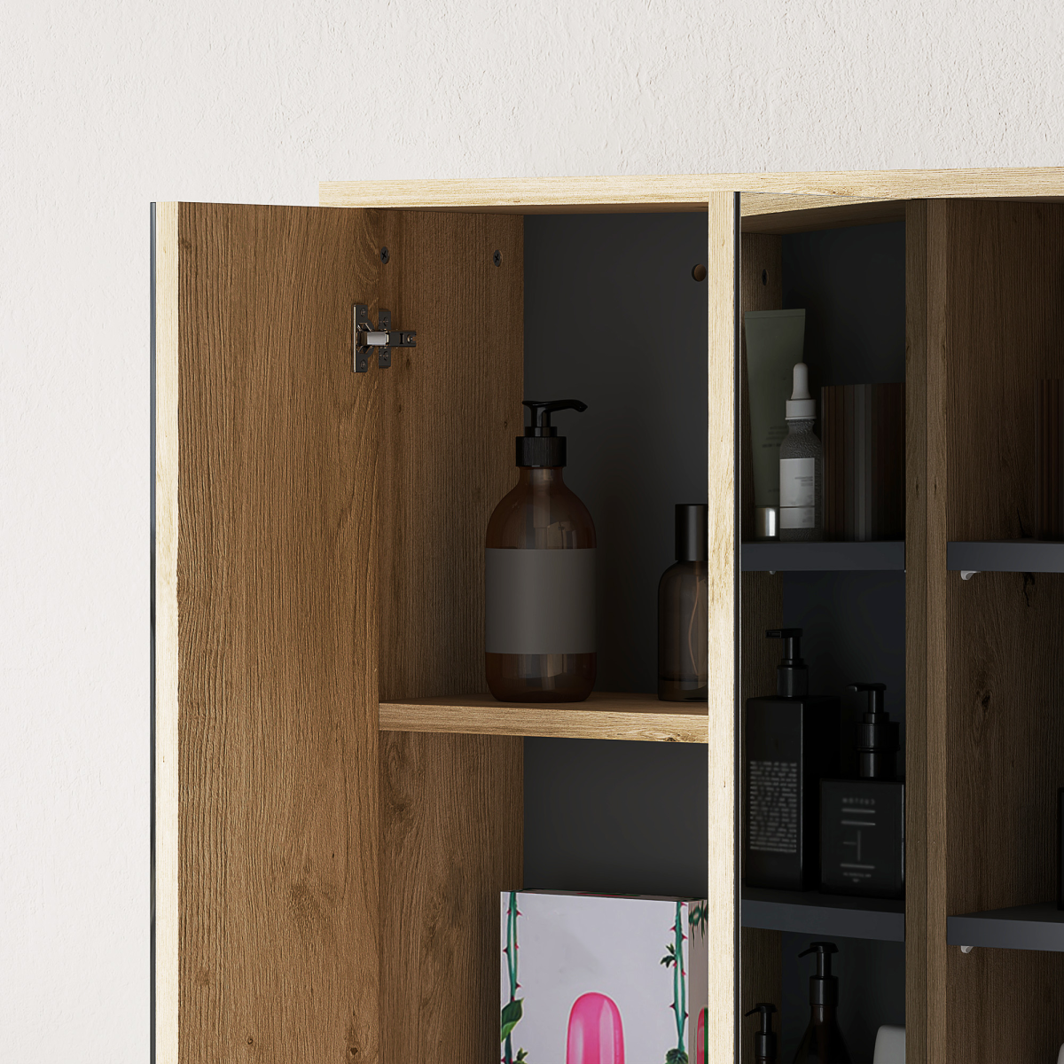 HOMCOM Wall-Mounted Bathroom Mirror Cabinet with Five Shelves and Two Mirrored Doors, Natural