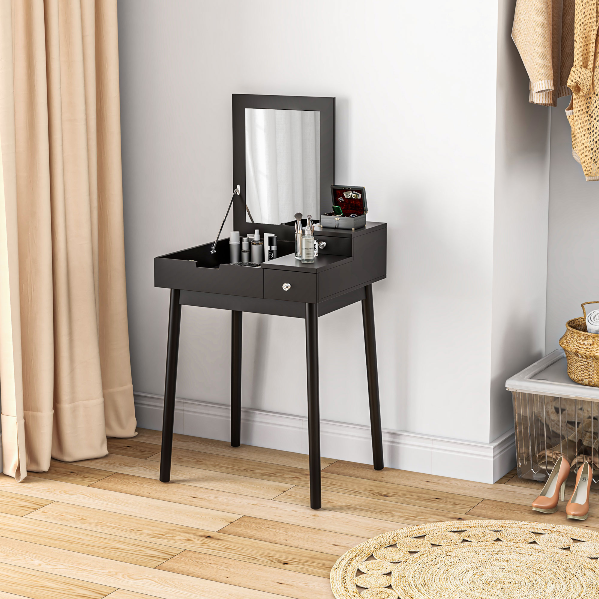 HOMCOM Dressing Table with Flip-Up Mirror and 2 Drawers – Vanity Makeup Desk and Writing Desk, Black