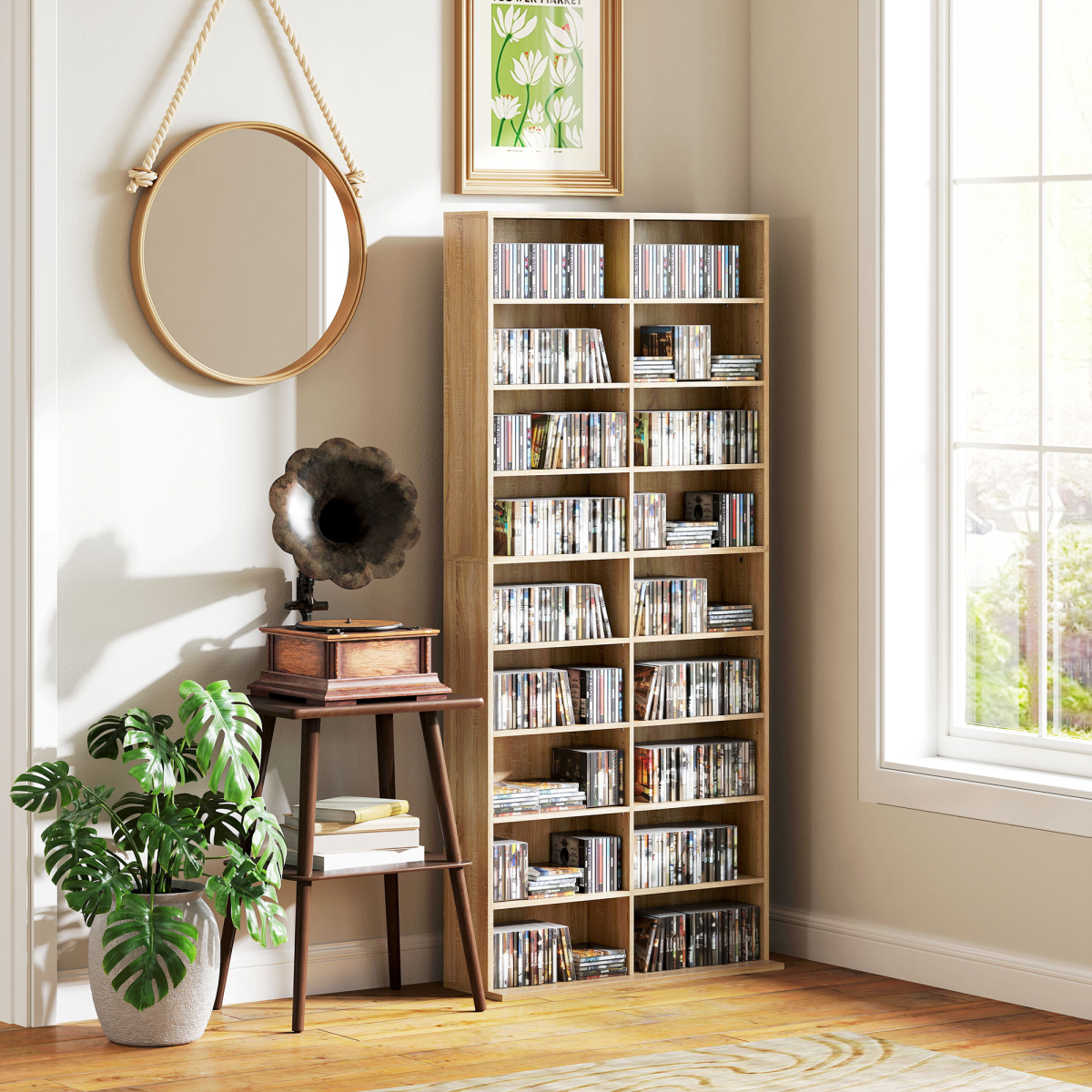 HOMCOM CD & DVD Storage Tower with 18 Compartments – Holds 640 CDs or 360 DVDs, Natural Wood Finish