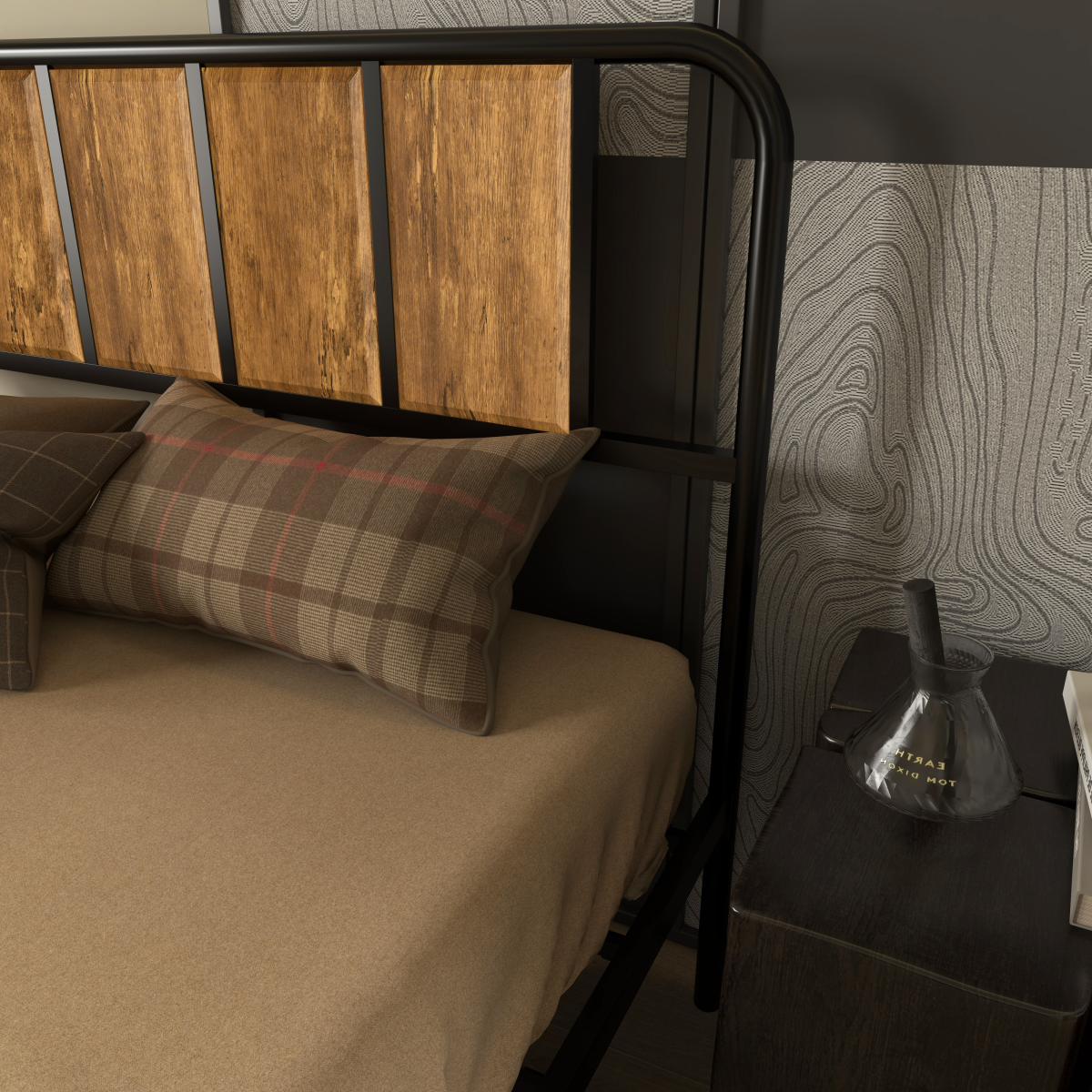 HOMCOM Retro Steel Double Bed Frame with Wood-Effect Headboard & Slatted Base, 145 x 199cm – Brown
