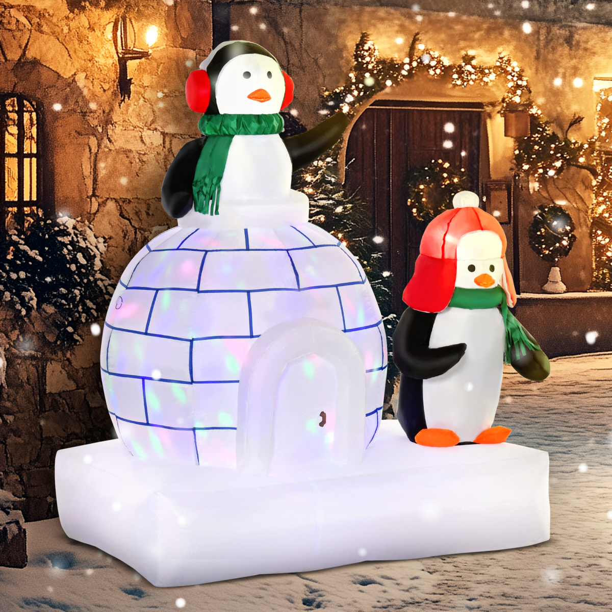 HOMCOM 5ft Christmas Inflatable Penguins in Scarves with Ice House – Indoor & Outdoor LED Decor