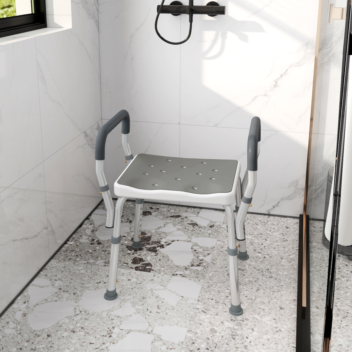 HOMCOM Rust-Free Aluminium Bath Chair with 6-Level Adjustable Height and Anti-Slip Mats – Bathing Seat, Grey