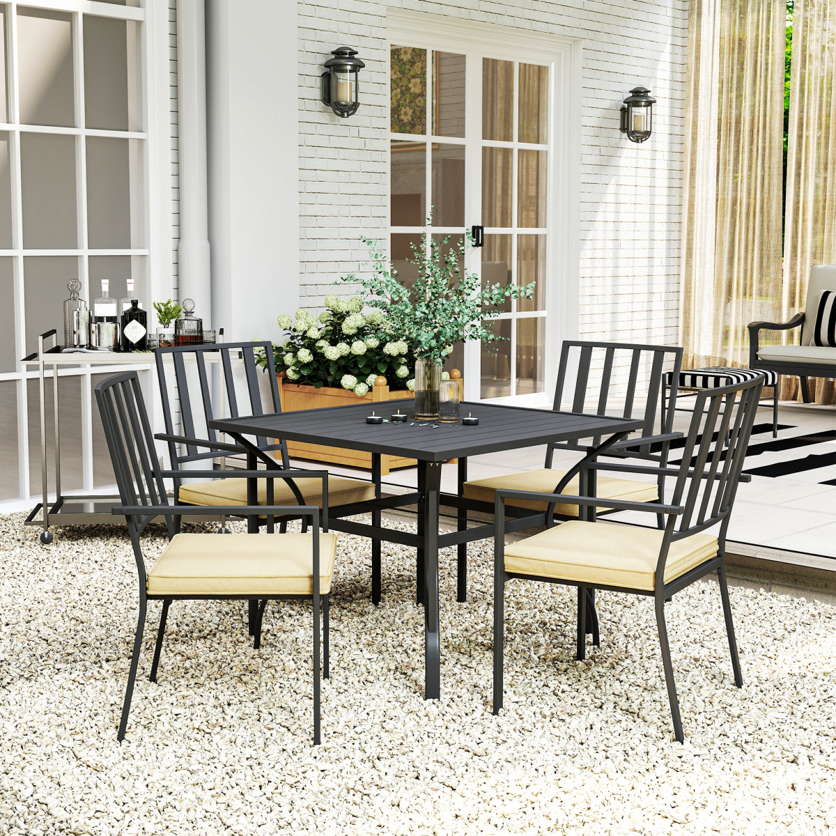 Outsunny Outdoor Dining Set with 4 Stackable Cushioned Armchairs & Metal Table, 50mm Umbrella Hole – Black/Beige
