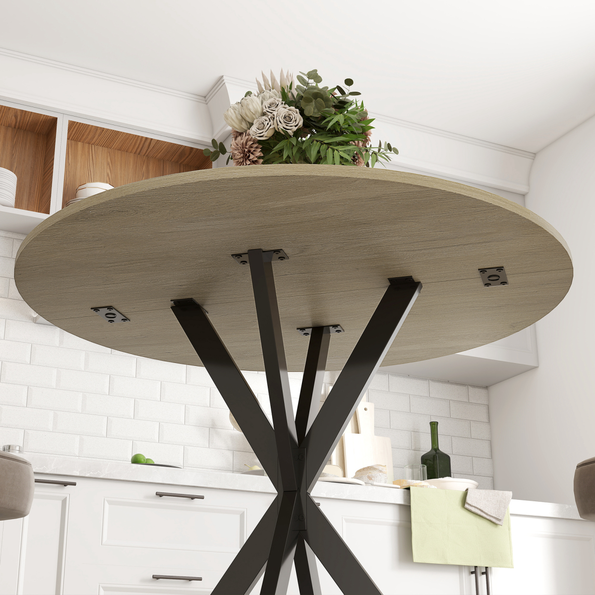 HOMCOM 80 cm Round Dining Table with Steel Cross Legs – Industrial Kitchen Table, White Oak Effect