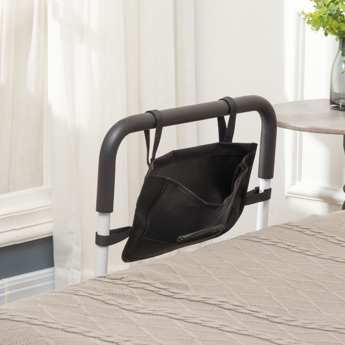 Adjustable Bed Assist Rail Grab Bar with Side Pocket & Foam Grip – Safety Handle for Flat-Frame Beds, White